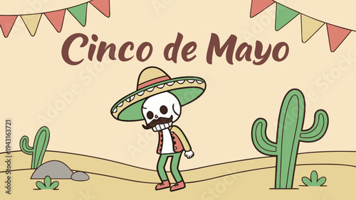 Colorful cinco de mayo cactus character holding a sombrero