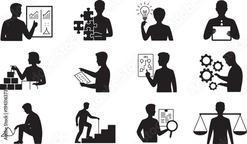 Black silhouettes of people engaging in various and creative activities