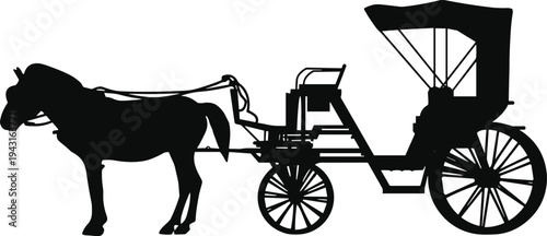 Black silhouette of a traditional horse-drawn carriage with a canopy, vintage transportation vector, classic buggy, and horse buggy isolated on white background.