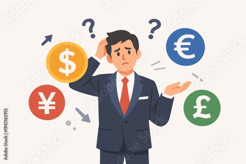 Confused Businessman in Suit Surrounded by Global Currency Symbols Like Dollar Euro Yen and Pound Sterling, Financial Uncertainty and Foreign Exchange Market Confusion Flat Vector Illustration