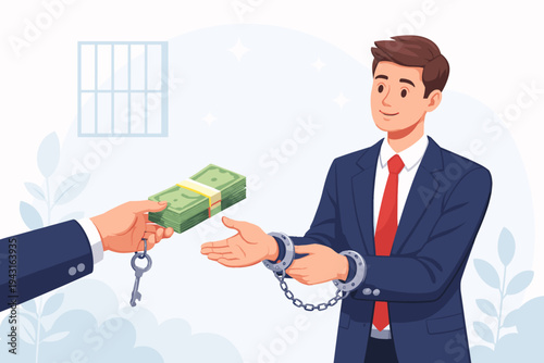 Businessman in Handcuffs Receiving Money and Key for Release, Concept of Corruption, Bribery, and White-Collar Crime, Vector Illustration of Illegal Freedom and Financial Fraud in Legal System.