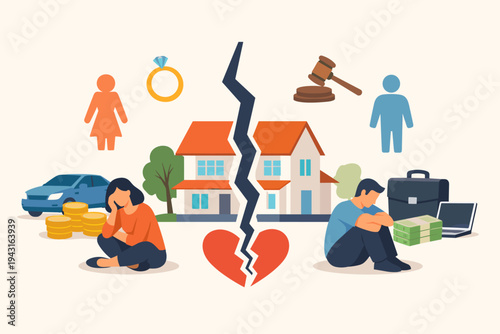 Divorce and Property Division Concept Featuring a Sad Couple, Split House, Broken Heart, Judge Gavel, Wedding Ring, Car, and Money. Flat Vector Illustration of Legal Separation and Asset Settlement.