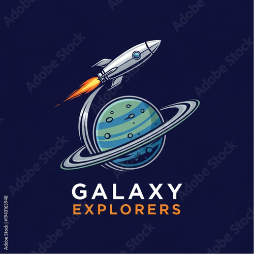Galaxy Explorers Logo with Rocket and Planet.
