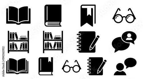 Set of black educational icons featuring open books, notebooks, bookmarks, glasses, and study-related symbols for learning and library concepts