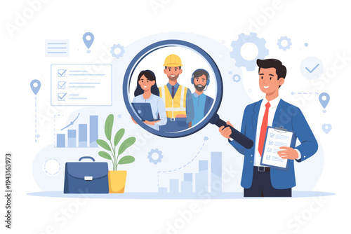 Recruitment and Human Resources Concept with Businessman Holding Magnifying Glass to Find Best Candidates. Diverse Labor Resources Including Construction Worker, Office Employee, and Support Staff