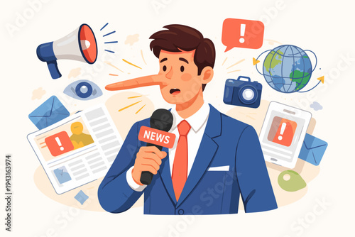 Fake News Concept Illustration with a Male Reporter Having a Long Pinocchio Nose Representing Lies and Misinformation in Media, Journalism, and Broadcasting with Global Communication Icons