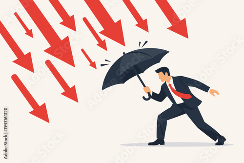Businessman in a professional suit holding a black umbrella to protect himself from falling red arrows representing a financial crisis, economic downturn, or stock market crash. Flat vector.