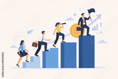 Businesspeople Climbing Bar Chart Career Ladder Towards Financial Success and Professional Growth. Team of Professionals Striving for Goals with Leadership, Vision, and Achievement Vector.