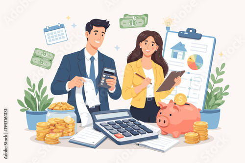 Professional vector illustration of a couple balancing family budget and finances using a calculator, piggy bank, and financial charts for home investment, savings, and accounting planning.