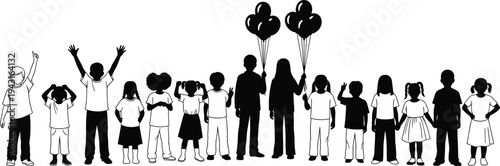 Children silhouettes, kids group, balloons, childhood, diversity, friendship, playtime, unity, celebration, fun, happiness, family, togetherness, youth, illustration, vector art