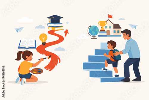 Creative education concept vector with a girl painting her own path to graduation and a boy being supported by a parent climbing stairs to school success, representing growth and mentorship.