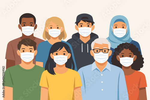 Diverse Group of People Wearing Protective Medical Face Masks for Safety and Health Prevention during Pandemic, Multicultural Community in Flat Vector Illustration Style for Public Awareness