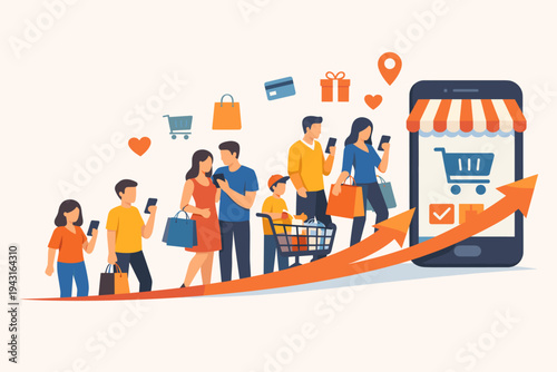 Vector Illustration of an Increasing Customer Base Shopping Online via Smartphone App. People Queueing with Shopping Bags and Carts for Mobile E-commerce Retail Business Growth and Success.