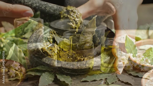 Close up of hands grinding herbs in mortar with pestle for culinary or herbal use