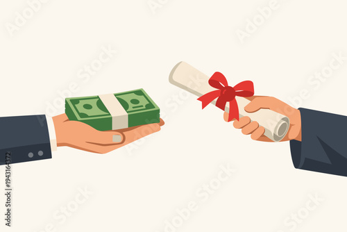 Vector illustration of a hand offering a stack of cash in exchange for a diploma scroll with a red ribbon, representing concepts like bribery, corruption in education, or high cost of tuition.