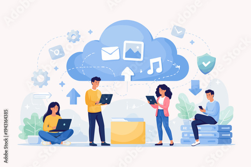 People using cloud storage and computing services for data management, uploading and downloading digital files, photos, and documents on laptops and mobile devices in a flat vector illustration.