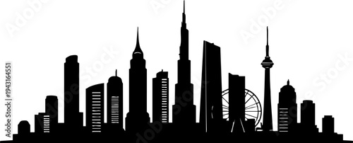 Silhouette of city skyline with skyscrapers and observation tower