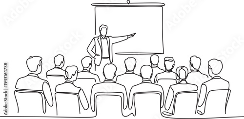 Person presenting to an audience with a projector screen presentation chairs