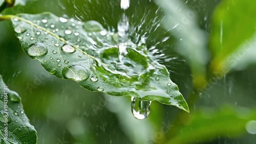 Close up of raindrops on green leaf illustrating natural beauty