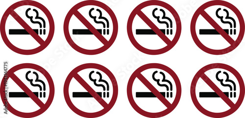 Eight red and white no smoking prohibition signs with cigarette and smoke symbol