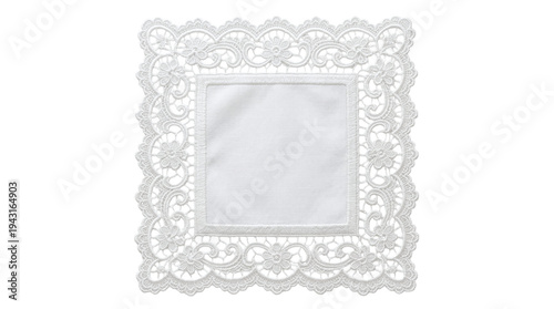 Intricate square white lace doily with floral embroidery on a transparent background