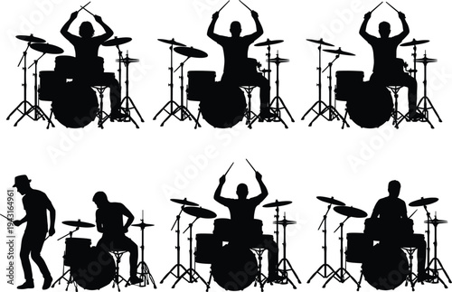 Drummer silhouette collection featuring musicians playing drum kits in various poses, perfect for music concerts, rock band performances, percussion instrument artistic graphic designs
