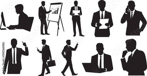 Silhouettes of businessmen engaged in various activities businessman office work