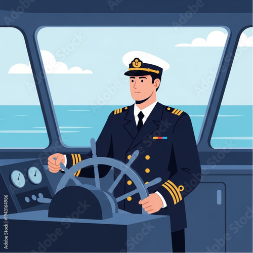 Captain Standing at the Helm of Ship.