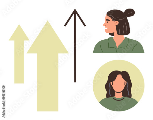 Career advancement, self-improvement, teamwork, success, motivation, leadership. Upward arrows with two individuals indicating progress and development. Career advancement and self-improvement