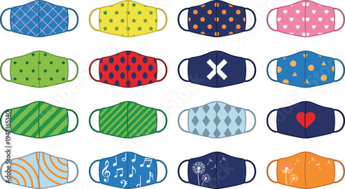 Set of sixteen flat vector face masks with various patterns and illustrations including polka dots stars hearts stripes music notes and geometric shapes