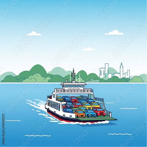 Cargo Ferry Boat Transporting Containers on Water.