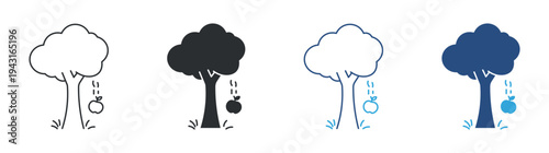 Apple tree icon set, falling apple icon. Nature agriculture concept. Fruit tree symbol. Vector illustration.