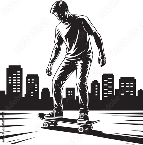 Skateboarder riding on longboard through urban landscape with modern city skyline behind