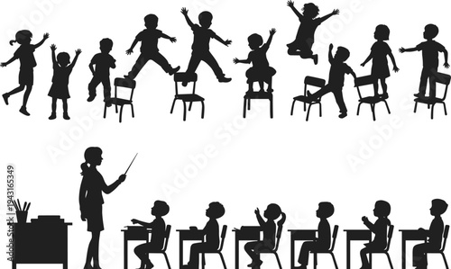 Black silhouettes of children playing on chairs and students sitting in classroom with female teacher, primary school education set, and kindergarten activities.