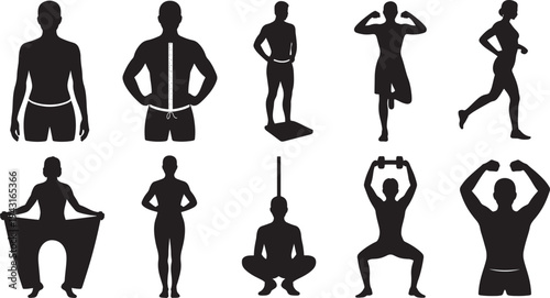 Silhouettes of people exercising and measuring body parts in various poses black
