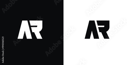 A modern logo design featuring the letters AR in a stylized font on a black and white background