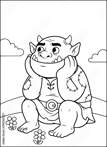 Coloring book illustration with a cute friendly troll daydreaming in a field