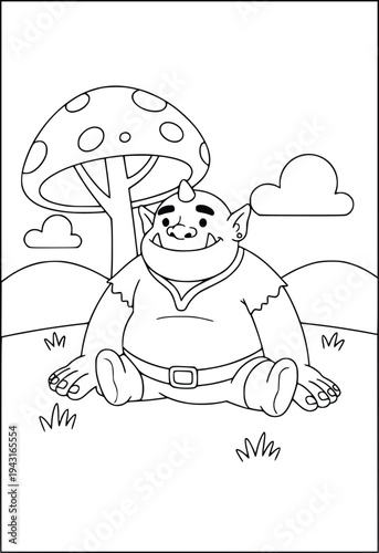 Coloring book illustration with a cute friendly troll sitting under a giant mushroom