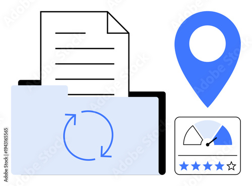 Document management concept. Document management with location tracking and performance metrics tools. Document management for productivity, location services, file organization, analytics, business