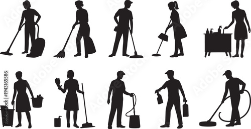 Silhouettes of people performing various cleaning tasks with tools and equipment
