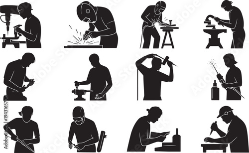 Silhouettes of people performing various industrial and crafting activities black and white