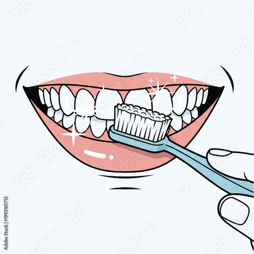 Hand Holding Toothbrush Brushing Cartoon Teeth.