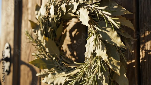 Decorative wreath of dried plants hanging on a wooden door in sunlight