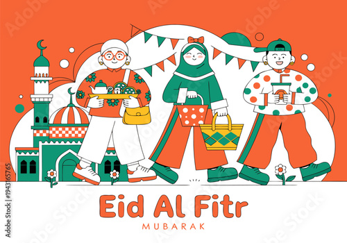 Vibrant Eid Mubarak celebration vector illustration with happy people enjoying a festive gathering, featuring traditional mosque and cultural decorations perfect for holiday greetings and designs