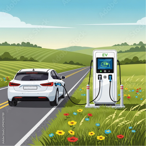 Electric Vehicle Charging on Country Road.