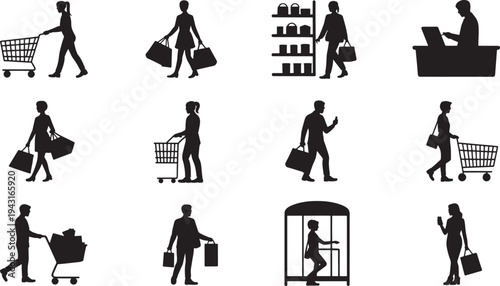 Silhouettes of people shopping and using technology in various settings bags shopping carts
