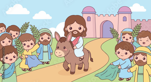 Triumphal Entry

Flat vector illustration of the triumphal entry into Jerusalem, depicting Jesus riding a donkey while people spread palm branches along the road, welcoming crowd on both sides, 