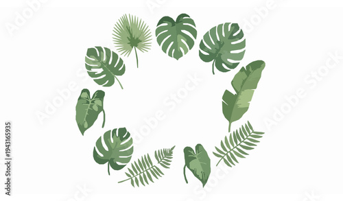 Watercolor tropical plant wreath style set with monstera palm and jungle leaves botanical illustration isolated on white background