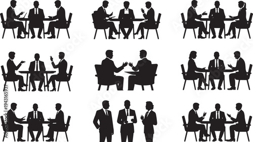 Silhouettes of people sitting and standing in business meetings and discussions