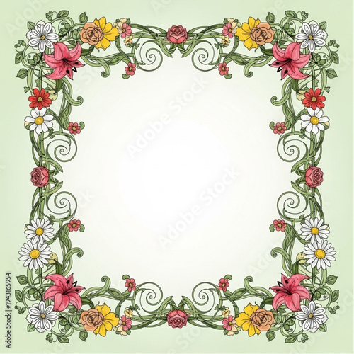 Floral Square Frame with Colorful Flowers.